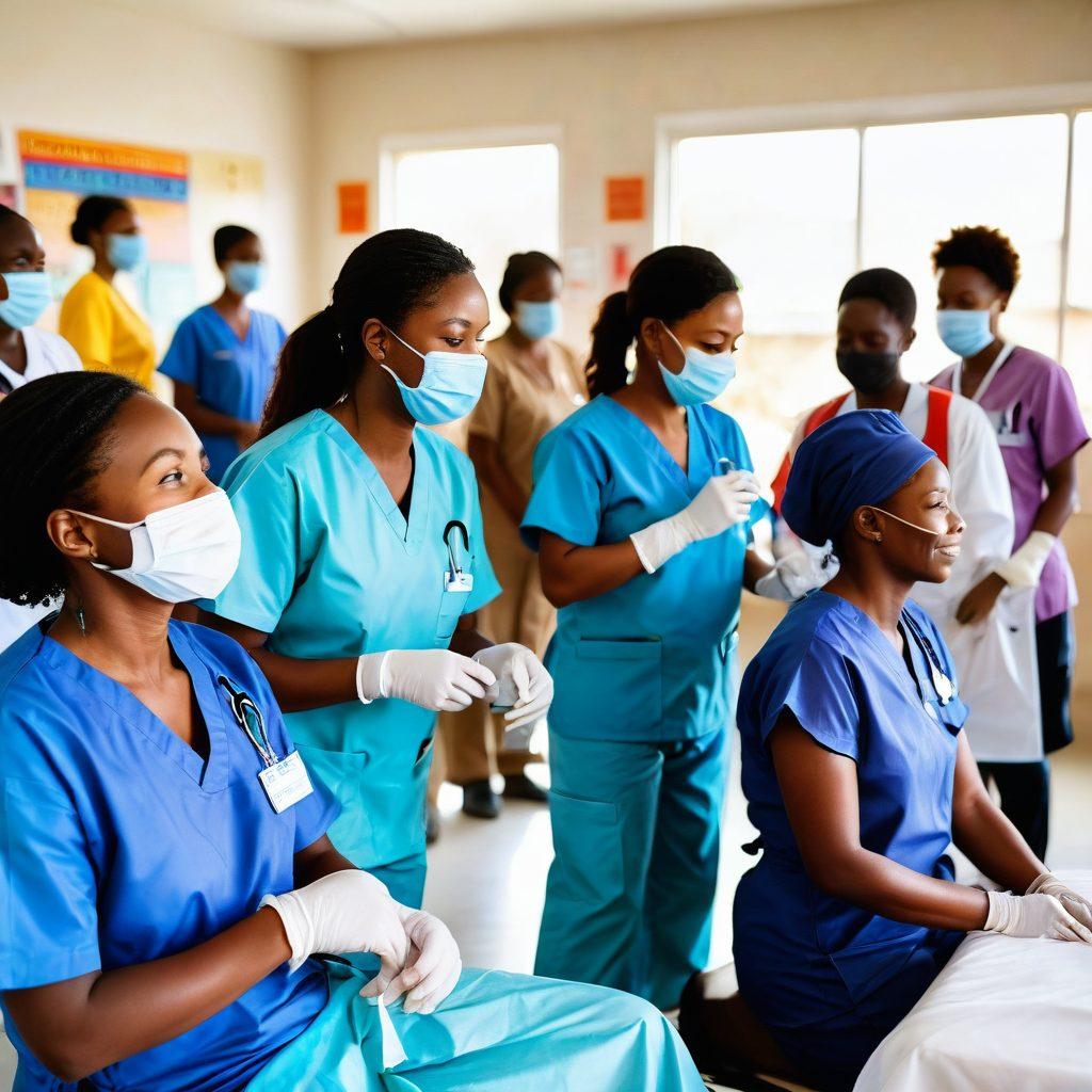 A compassionate scene featuring medical volunteers providing aid in a makeshift clinic, surrounded by grateful patients of various ages and backgrounds. The volunteers are wearing scrubs and protective gear, exhibiting expressions of empathy and dedication. Bright sunlight fills the space, emphasizing the warmth and hope in the air. In the background, banners of support and grateful notes from the community add a personal touch. vibrant colors. super-realistic.