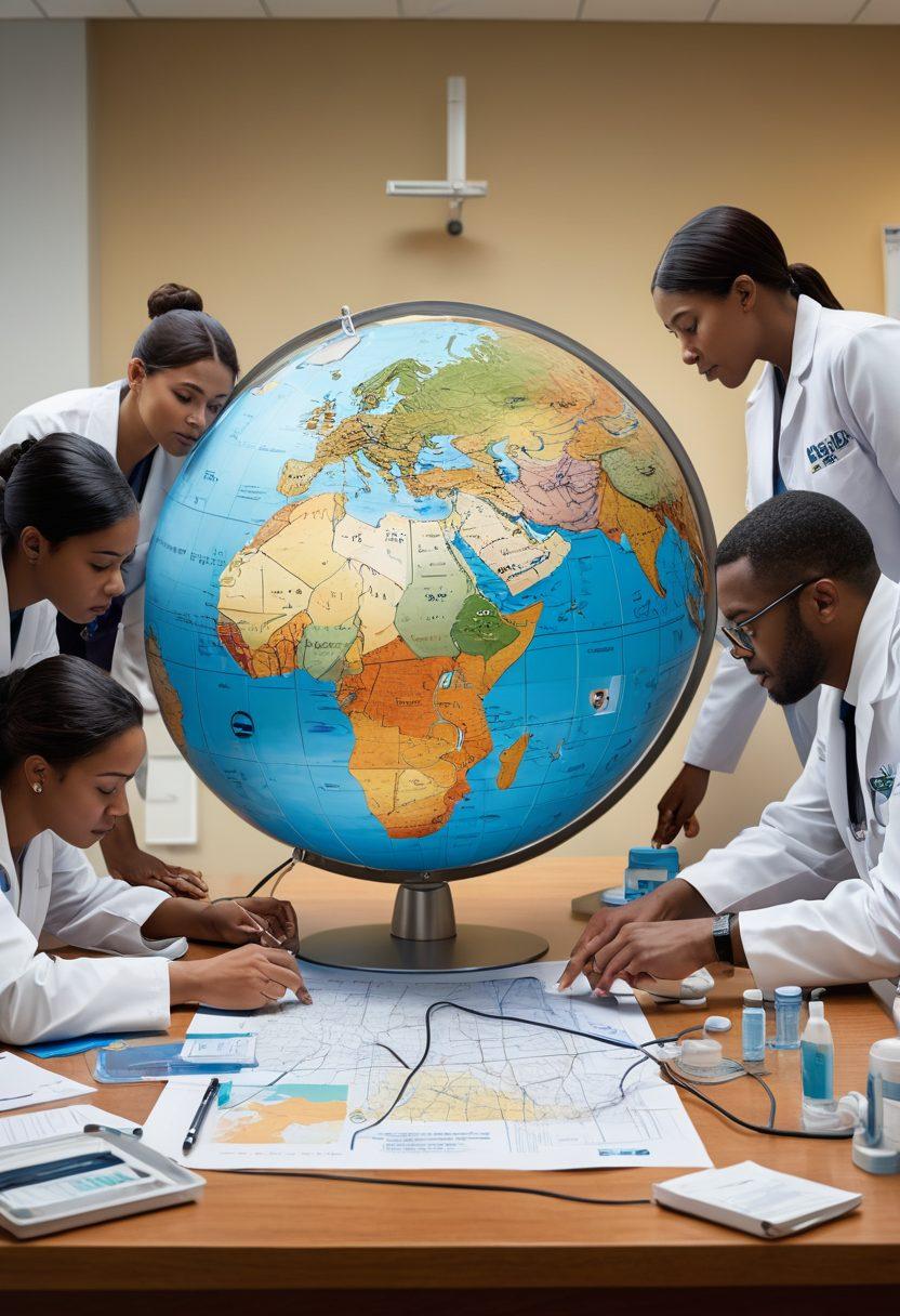A dynamic scene depicting a diverse team of nonprofit workers coordinating an emergency health response in a global setting. Showcase people of various ethnic backgrounds collaborating around a digital map, with medical supplies, and a backdrop of affected areas in the distance. The atmosphere should convey urgency with a sense of hope and unity. Incorporate elements like a globe, healthcare symbols, and communications technology to emphasize global outreach. vibrant colors. super-realistic.
