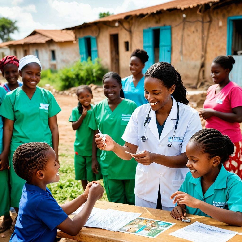 A diverse group of humanitarian workers actively helping communities in need, showcasing vibrant scenes of healthcare outreach, medical supplies distribution, and joyful interactions with local families. Include elements of global health, such as vaccination campaigns and educational workshops, against a backdrop of various landscapes, symbolizing different regions. super-realistic. vibrant colors. dynamic composition.